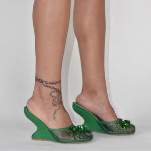 Green Wedge Heels with Floral Detail